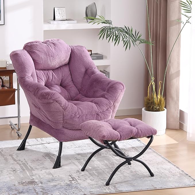 Lazy Chair with Folding Ottoman, Modern Accent Lounge Armchair with Armrests and a Side Pocket & Foldable Footstool, Leisure Reading Chair for Living Room, Bedroom, Dorm & Office, Plush Purpl