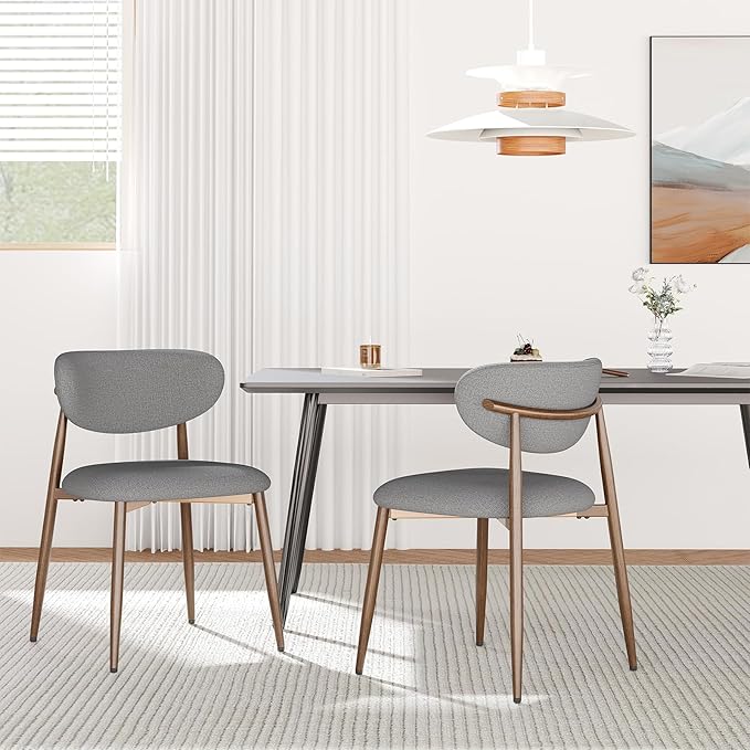 Dining Chairs Set of 2, Ergonomic Fabric Upholstered Seating with Wood Look Metal Legs and Anti Slip Pads, for Home and Restaurant Use, Light Grey