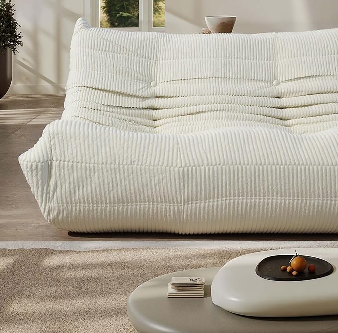 Fireside Three-Seater Mid-Century Armless Sofa — Floor Lounger in Soft Premium Corduroy, Foam-Filled Accent Chair for Living Room or Bedroom (Ivory, Three Seater)