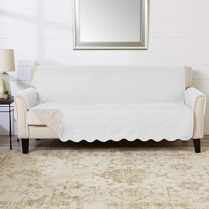 Great Bay Home Medallion Stitched Solid Furniture Protector Stain Resistant Durable Furniture Protector Elenor Collection (Sofa, White/Sand)