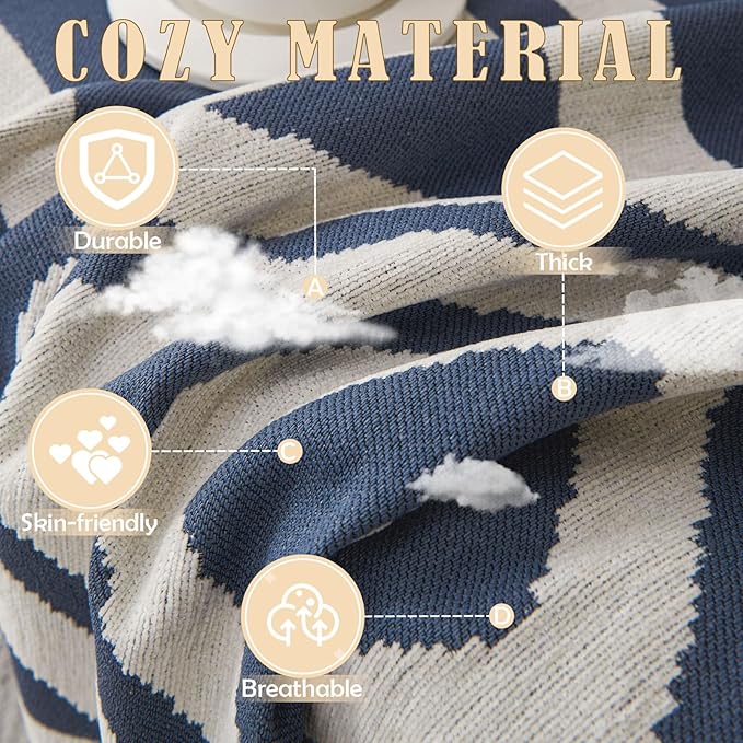 HANDONTIME Boho Couch Covers for Sofa Chenille Sofa Covers Washable Sectional Sofa Cover Blanket Geometric Reversible Couch Cover for L Shaped Couch Couch Protector for Dogs, 91" X150", Denim Blue