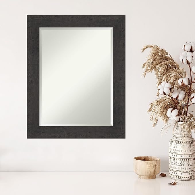 Amanti Art Brown Wall Mirror 30x24 Rustic Plank Espresso Rectangle Bathroom Mirror for Wall Decor Living Room, Medium Rustic Farmhouse Frame, Hangs Horizonally and Vertically, Bathroom Decor, Beveled
