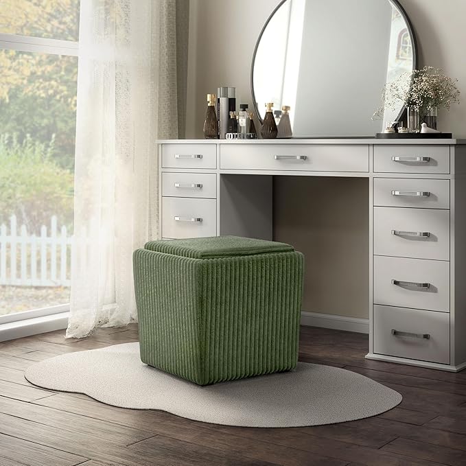 Furniture of America Lennox Modern Chenille 17-inch Square Storage Ottoman with Reversible Tray Top, Upholstered Footstool for Living Room, Bedroom, Entryway, Green