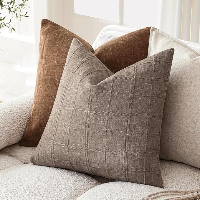 Foindtower Set of 2 Decorative Linen Check Throw Pillow Covers Neutral Farmhouse Vintage Cushion Covers Modern Boho Home Decor for Sofa Chair Couch Bedroom Living Room Outdoor,26×26 Inch,Tan Taupe
