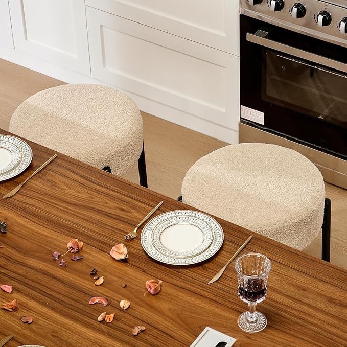 Modern Dining Chairs Set of 4, 23.6" Beige Round Backless Boucle Sherpa Upholstered Dining Chair with Solid Metal Legs for Kitchen, Living Room