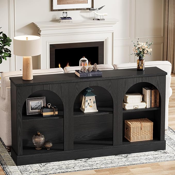 Tribesigns Farmhouse Console Table, 63-Inch Long Entryway Table with 3 Tier Storage, Wooden Rectangular Sofa Table Behind The Couch for Entrance, Hallway, Living Room, Black
