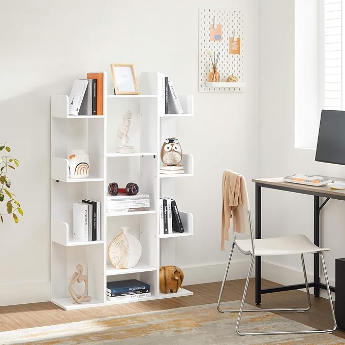 VASAGLE Tree-Shaped Bookcase with 13 Shelves and 5-Tier Freestanding Bookshelf, White Storage Shelving