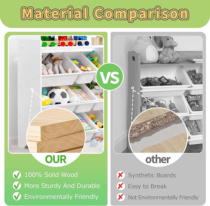 MallBest 4-Tier Kids' Toy Storage Organizer Shelf - 100% Solid Wood,Children's Storage Cabinet with 9 Plastic Bins