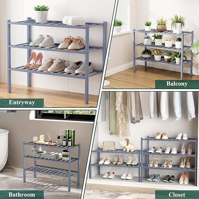 Smiry Shoe Rack, 5 Tier Bamboo Shoe Organizer, Stackable Free Standing Wooden Shoe Storage Shelf for Closet, Entryway, Front Door Entrance, Grey