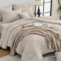 HEVUMYI Beige Tan Queen Comforter Set - 7-Piece All Season Bed in a Bag Queen, Ultra Soft Bedding Set with Comforter, Flat Sheet, Fitted Sheet, Pillowcases, Pillow Shams, Beige Tan