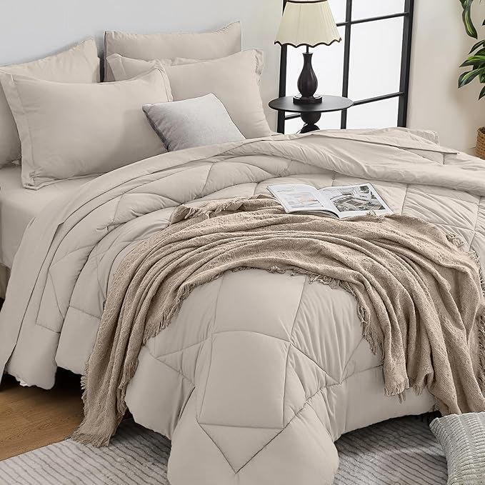 HEVUMYI Beige Tan Full Comforter Set - 7-Piece All Season Bed in a Bag Full, Ultra Soft Bedding Set with Comforter, Flat Sheet, Fitted Sheet, Pillowcases, Pillow Shams, Beige Tan