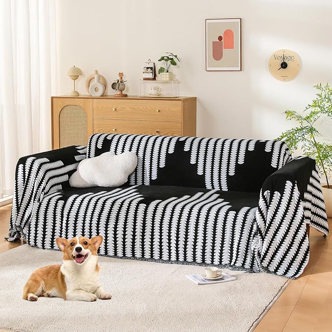 Boho Couch Cover, Sofa Cover, Sofa Covers for 2 Cushion Couch, Washable Sectional Couch Covers for Dogs Pet Furniture Protector Couch Cover Blanket for Living Room (2# Black, 71" x 118")