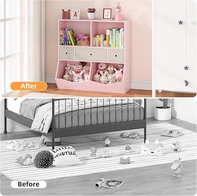 IDEALHOUSE 7-Cubby Large Kids Toy Storage Organizer, Children Wood Bookcase and Bookshelf, 3-Tier Toy Storage Cabinet with 3 Drawers for Hallway, Playroom, Living Room, School, 2 Set Pink
