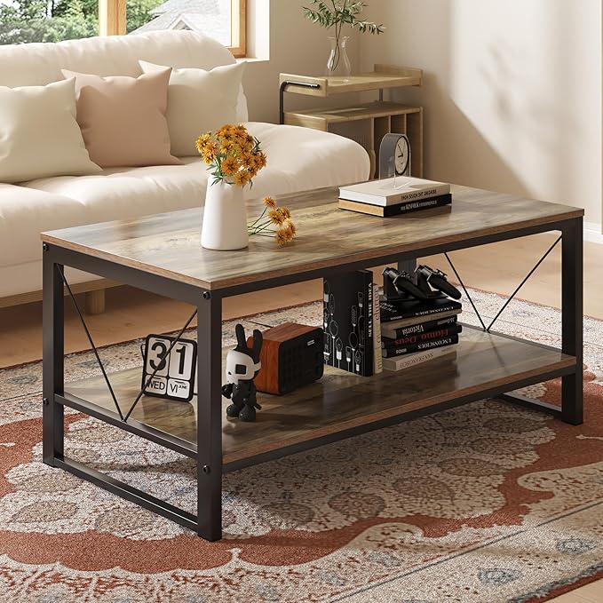 Rectangle Coffee Table Tea Table with Storage Shelf, Farmhouse Wooden Coffe Table for Living Room Table, 40" Rustic Center Table 2-Tier Minimalist Coffee Table Easy Assembly (Natural Wood)