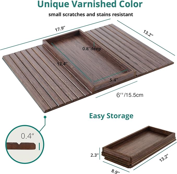 DETOR Couch Arm Tray, TV Tray with Capacious 12.4" x 5.4" Storage Box, Bamboo Grain Stained Brown Color, Enhanced Nonslip Felt Bottom, Sturdy Bamboo Slats Material | for Armrests 6" and Wider