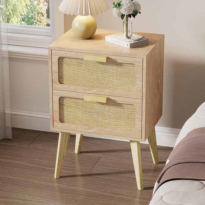 Rattan Nightstand Set of 2,Side Table with Hand Made Rattan Decorated Drawers,Boho Bedside Table,Wood Accent Table with Storage for Small Space,Livingroom, Bedroom, Natural CTG59Y-2
