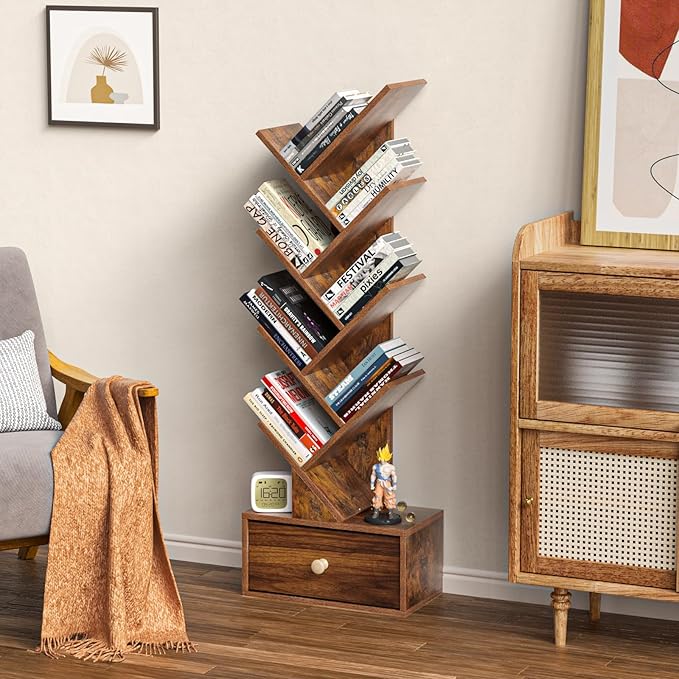 8 Tier Tree Bookshelf with Drawer, Free Standing Wood Bookcase for Narrow Space, Storage Organizer Bookshelves for Books, Book Case for Home Office, Living Room, Bedroom, Rustic Brown