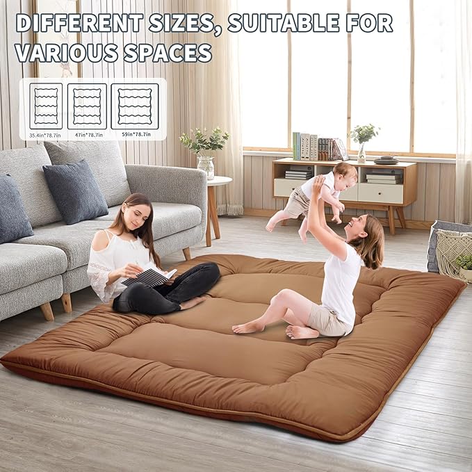 Japanese Floor Mattress,4" Thicken Japanese Floor Sleeping Pad Foldable,Futon Mattress Suitable for Camping and Guest Room (Khaki, Twin (80" x 36"))