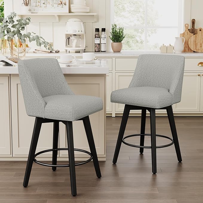 Vipbear Swivel Counter Height Bar Stools Set of 6,26.8" H Counter Stools with Back, Mid Century Modern Bar Stools for Kitchen Island,Linen Fabric,Wooden Base, Light Gray