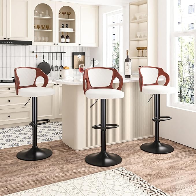 VECELO BarStools Set of 2,Counter Height Stools with Bentwood Back&Arm, Swivel Barstools,PU Leather Kitchen Island Stools, Adjustable Height Bar Chairs for Club Pub Dining Room,Pearl White