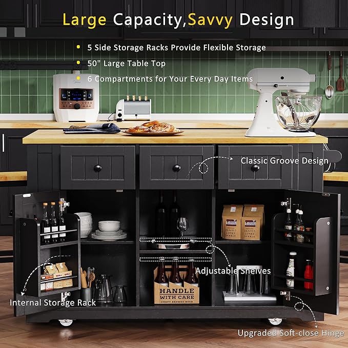 53" Large Kitchen Island with 2 Bar Stools,Power Outlet & Door Internal Storage Rack,Kitchen Storage Cart on 5 Wheels W/Drop Leaf,5 Open Side Racks & 3 Drawers,for Kitchen,Dining Room,Black