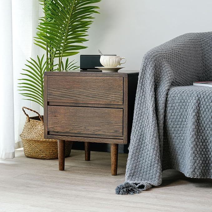 Night Stand, Mid Century Modern Nightstand w/2 Drawers, Boho Small Bedside Table, Oak Solid Wood, 17.72 W x 15.75 D x 19.69 H Inches (Walnut, Double Drawer)