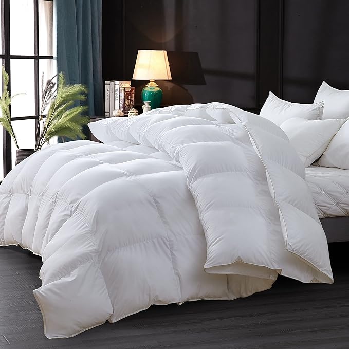 Luxurious All-Season Goose Down Feather Fiber Comforter King Size Duvet Insert, Premium White Solid Plain Design, Premium Baffle Box, 100% Egyptian Cotton, 80 oz Fill Weight