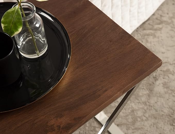 Kate and Laurel Laraway Modern Side Table, 21 x 15 x 21, Walnut Brown and Silver, Metal End Table with Solid Wood Tabletop and Foldable Frame
