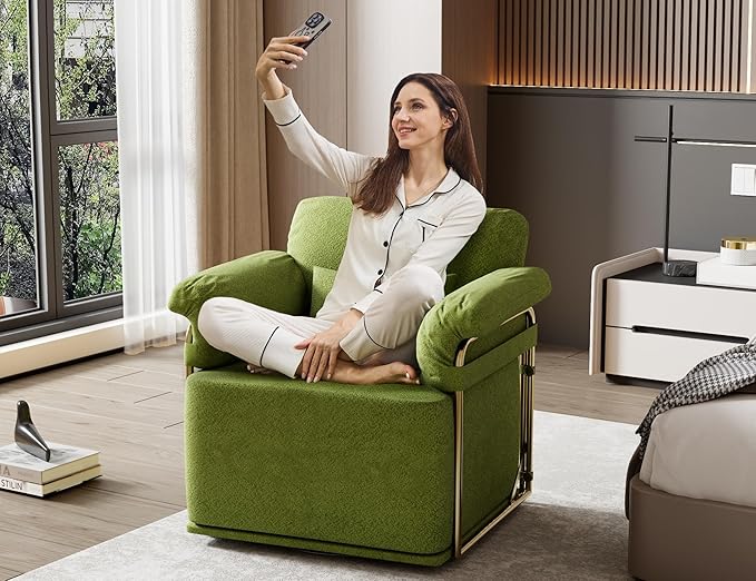 KEIKI Modern Comfy Swivel Accent Reading Chair with Waist Pillows, 360°Square Upholstered Barrel Armchair Single Club Lounge Sofa Chairs for Living Room,Bedroom,Office,Green