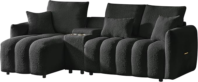 92-Inch Teddy Boucle Tufted Sofa Couch with Storage Console and Chaise Lounge, L-Shaped Left Facing Corner Sectional Sofa Couch with Cupholders, USB Ports and Golden Accent for Living Room Office