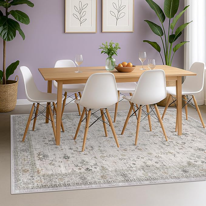 Boho Light Grey Living Room Rug 6x9 - Modern Vintage Eclectic Floral Paste Neutral Taupe, Washable Low Pile Non-Slip Large Area Rugs for Dining Under Table Bedroom