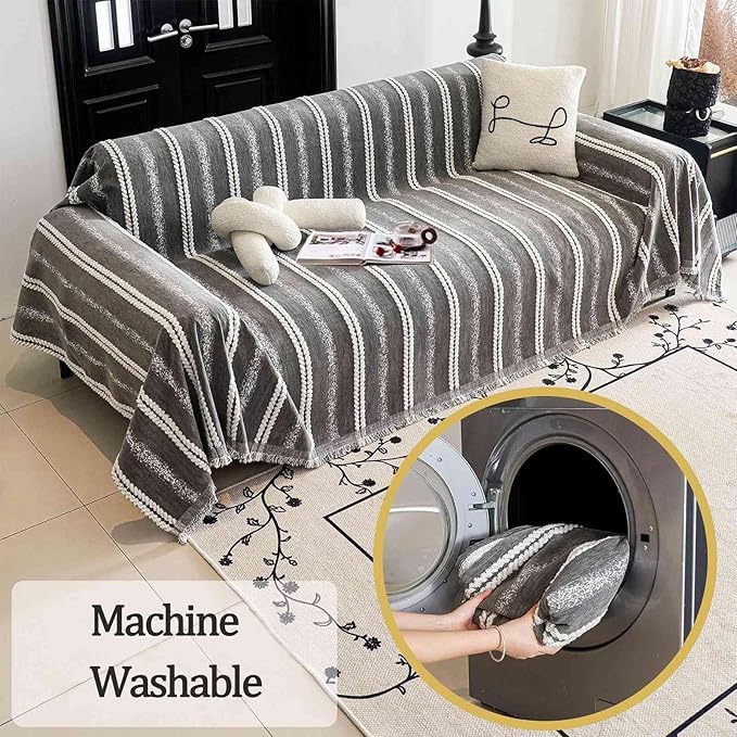 Couch Cover for Dogs Washable Sofa Cover, Sectional Couch Covers, Sofa Covers for 2 Cushion Couch, Non Slip Stripe Sofa Slipcovers Furniture Protector, Couch Protector from Cat Claws, Grey,71''x134''