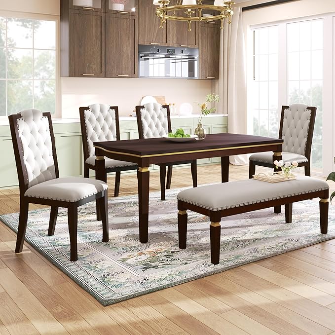 Ball & Cast Dining Table Set for 6,Kitchen Table W/ 4 High-Back Tufted Chairs & 1 Bench,5 Piece Dining Room Table Set W/ 60" Rectangular Table,for Kitchen, Living Room,Espresso