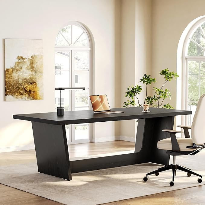 1Easylife 70.87 Inches Long Executive Desk, Black Wooden Computer Desk, Industrial Simple Study Writing Table, Large Workstation Business Furniture for Home Office