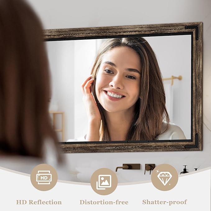 YOSHOOT Farmhouse Bathroom Mirror, Rustic Wood Mirror, Wooden Framed Vanity Mirror, Solid Wood & Handmade, Vertical or Horizontal Hanging for Bathroom Entryway Living Room Bedroom, 32" x 24", Brown
