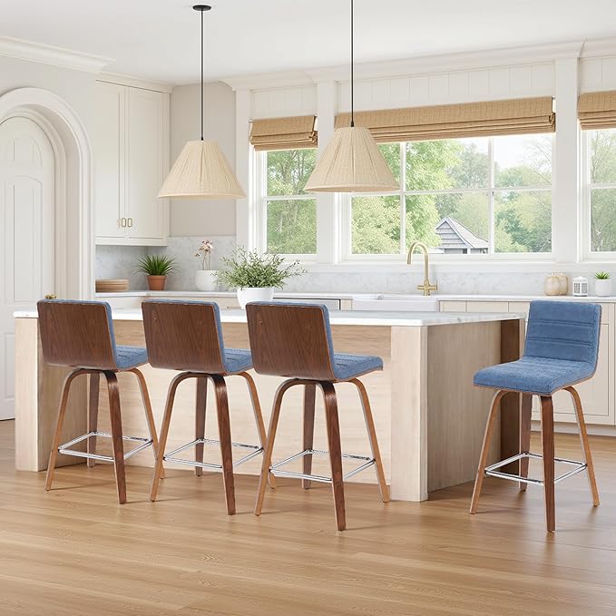 Armen Living Vienna Modern Swivel 26" Counter Height Barstool with Vintage Blue Faux Leather and Walnut Wood Finish
