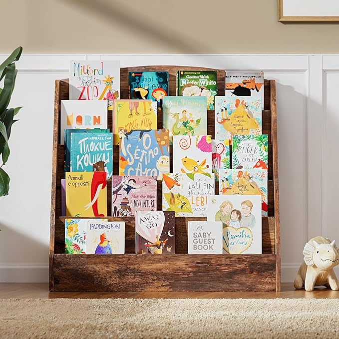 TOETOL 5-Tier Kids Bookshelf - Toddler Book Display Shelves for Classrooms, Playrooms, and Nursery - Wooden Children Book Rack (Rustic Brown)