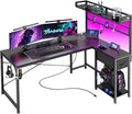 PRAISUN L Shaped Gaming Desk with Shelves, Corner Computer Table with LED Lights, Power Outlets and USB-C Ports, 50 Inch Reversible Home Office Desk with Storage Drawer, for Work and Study, Black