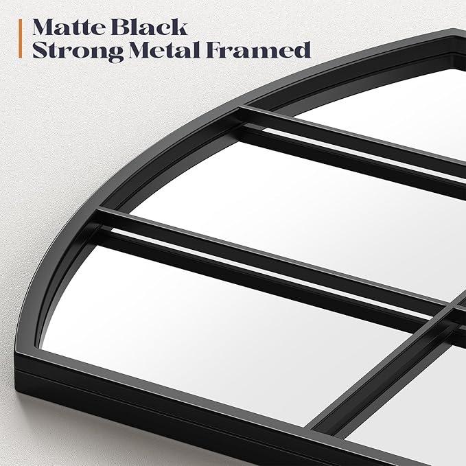Wide Window Pane Mirror, 28" x 32" Black Arched Mirror for Wall, Large Grid Wall Mirrors for Living Room Bedroom Farmhouse Fireplace Hallway Entryway