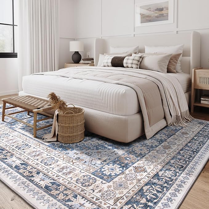 zesthome 3x5 Rug Ultra Soft Washable Rug, Non Slip Area Rug Indoor Entrance, Stain Resistant Rugs for Living Room Bedroom, Vintage Home Decor Area Rugs (Blue/Beige,3'x5')