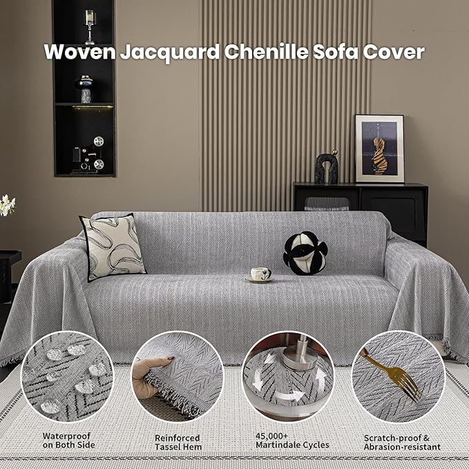 Nobildonna Sofa Chair Cover Waterproof Soft Thicken Chenille Cushion Couch Cover with Tassels,Washable Sofa Slipcovers for Armchair Recliner Sectional Furniture Protector, Gray 71"x71"