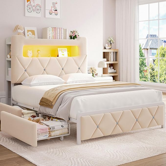 Queen Upholstered LED Bed Frame with 2 Storage Drawers and 2-Tier Storage Headboard,Velvet Princess Platform Bed with Charging Station & Bookcase, Corner Bed Frame, Heavy Duty Metal Support, Beige