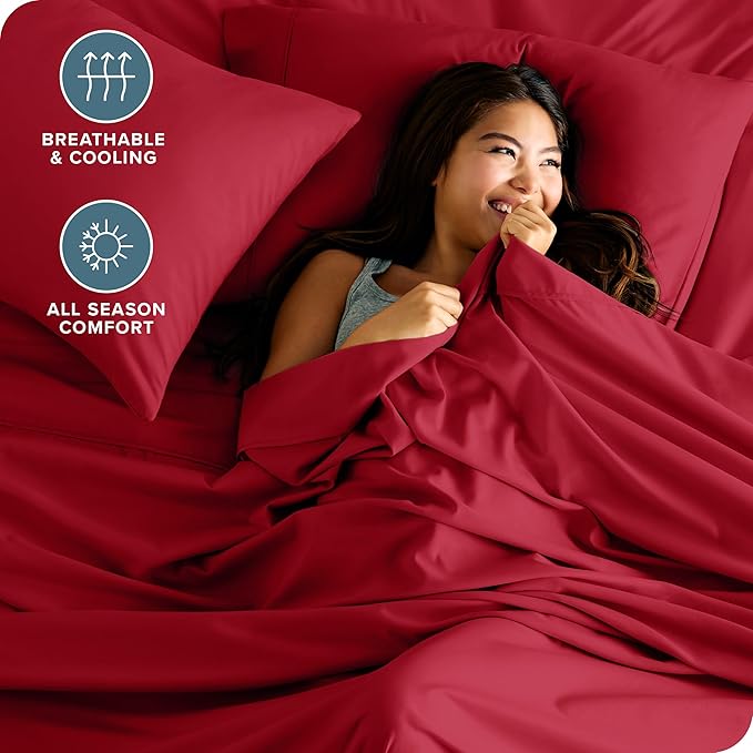 Bare Home California King Sheet Set - 1800 Ultra-Soft Microfiber Cal King Bed Sheets - Double Brushed - Deep Pockets - Easy Fit - 4 Piece Set - Bed Sheets (California King, Red)