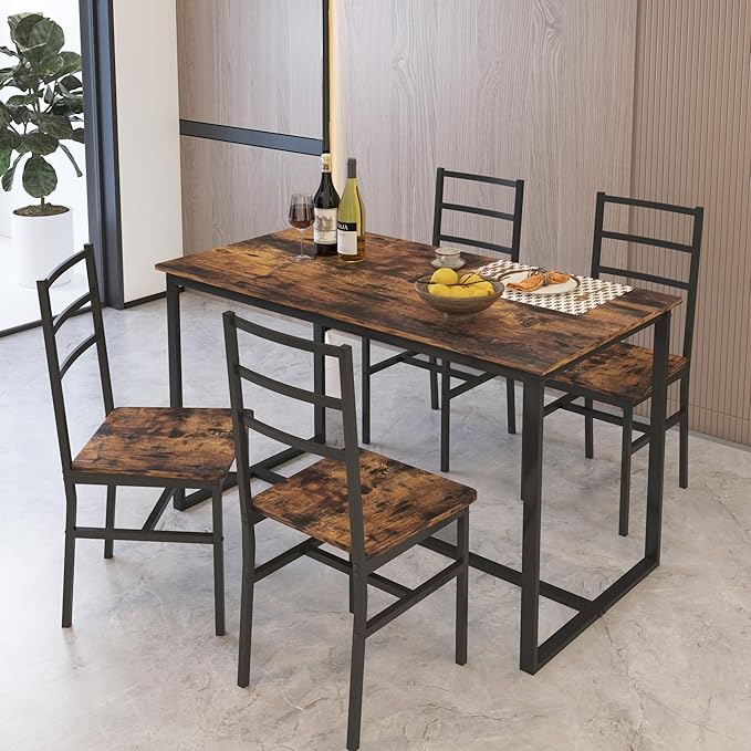 Ball & Cast 5 Pieces Dining Table Set with 4 Chairs,Kitchen Table and Chairs for 4 W/ 47.2" Rectangle Desk,Living Room Furniture W/Backrest,for Small Space,Brown