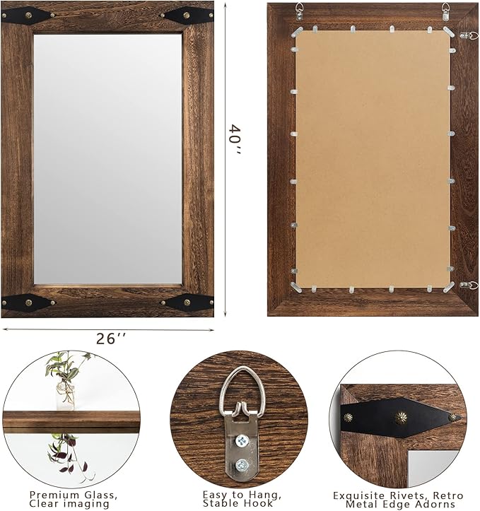 Rustic Wooden Framed Wall Mirror for Bathroom, Farmhouse Decorative Natural Wood Vanity Mirror, Wall Mounted Rectangular Mirror for Bedroom Living Room, Vertical or Horizontal Hanging, 26x40 Inches