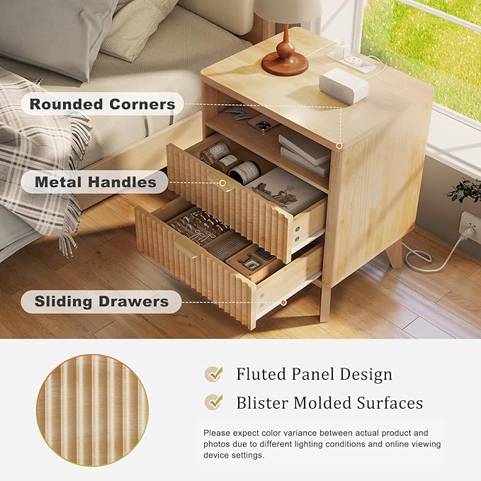 Fluted Nightstand with Charging Station, 19.7 inch Wide End Table with 2 Drawers, Modern Wood Bedside Table for Bedroom(Natural)