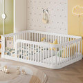 Full Floor Bed with High Fence and Rounded Corner Design, Montessori Floor Bed Frame with Guardrail and Entrance, Easy Assemble Montessori Bedd Full Size, White