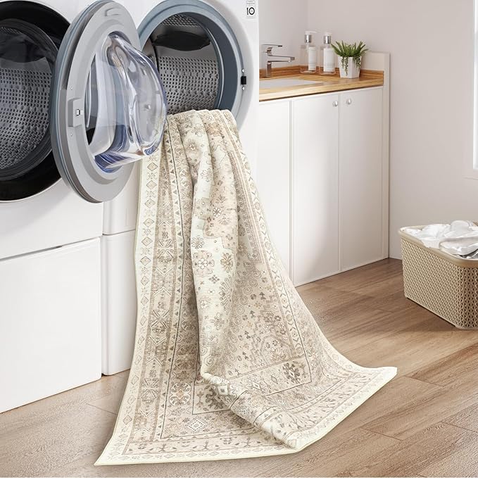zesthome 7x9 Area Rug, Super Soft Washable Rugs for Living Room, Non-Slip Stain Resistant Vintage Rugs, Ultra-Thin Large Area Rugs (Cream/Beige,7'x9')