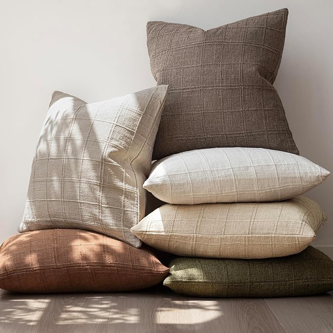 Foindtower Set of 2 Decorative Linen Check Throw Pillow Covers Neutral Farmhouse Vintage Cushion Covers Modern Boho Home Decor for Sofa Chair Couch Bedroom Living Room Outdoor,26×26 Inch,Taupe Grey
