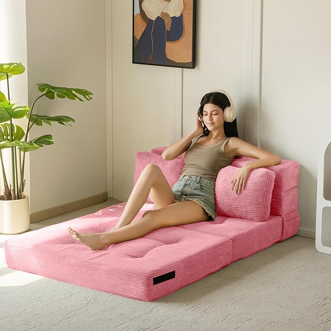 MAXYOYO Convertible Sofa Bed, Fold Out Sleeper Sofa with Pillow, 4 in 1 Tufted Folding Couch Bed Foam Floor Couch, Lazy Chair for Living Room Bedroom Guest Room, Pink